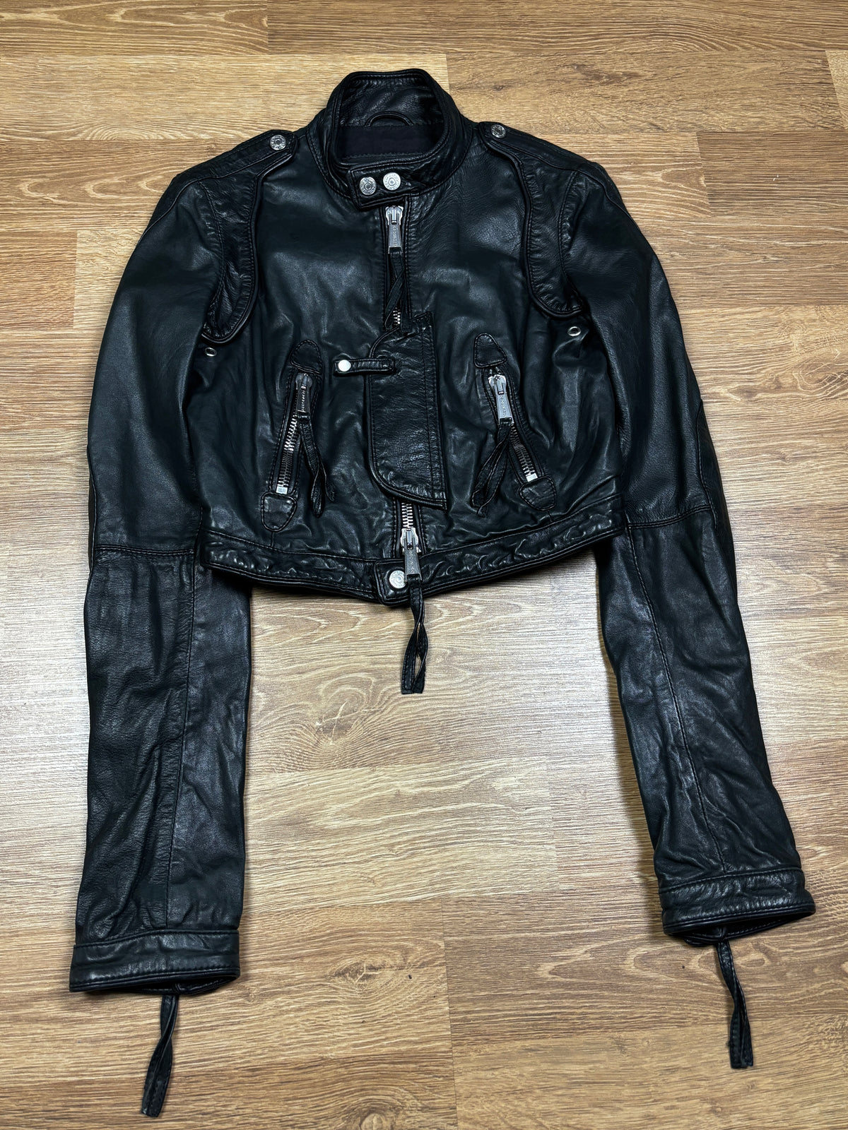 2000s Dsquared2 Cropped Black Leather Biker Jacket