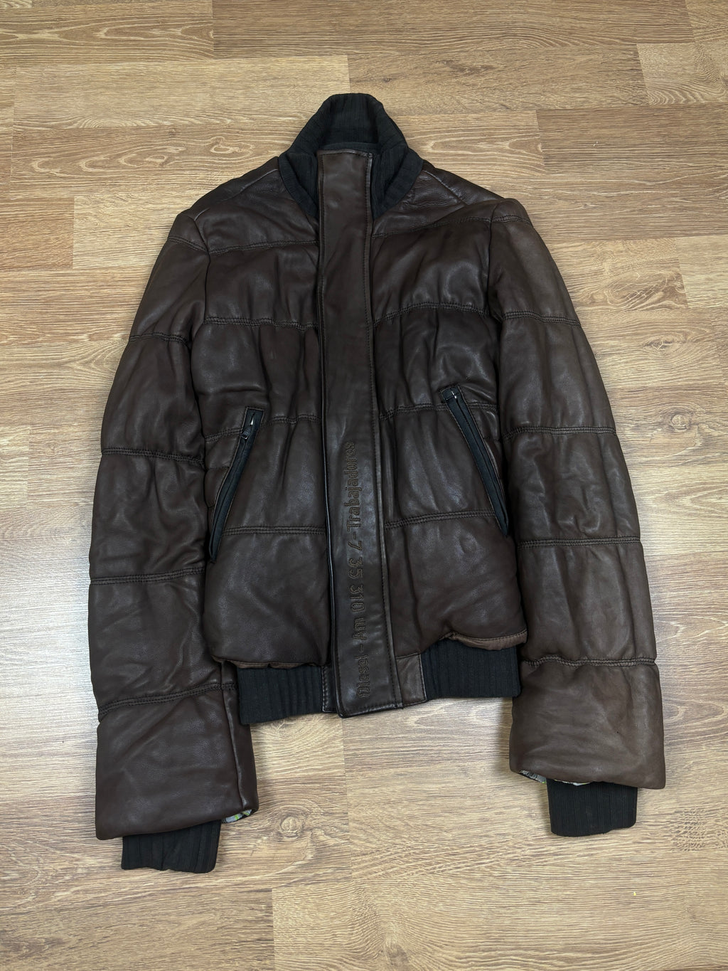 Diesel Brown Leather Puffer Jacket with Ribbed Knit Waist