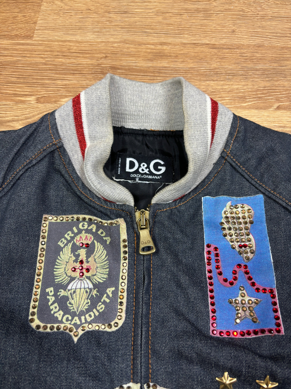 FW2003 Dolce & Gabbana Rhinestone Patchwork Denim Bomber Jacket