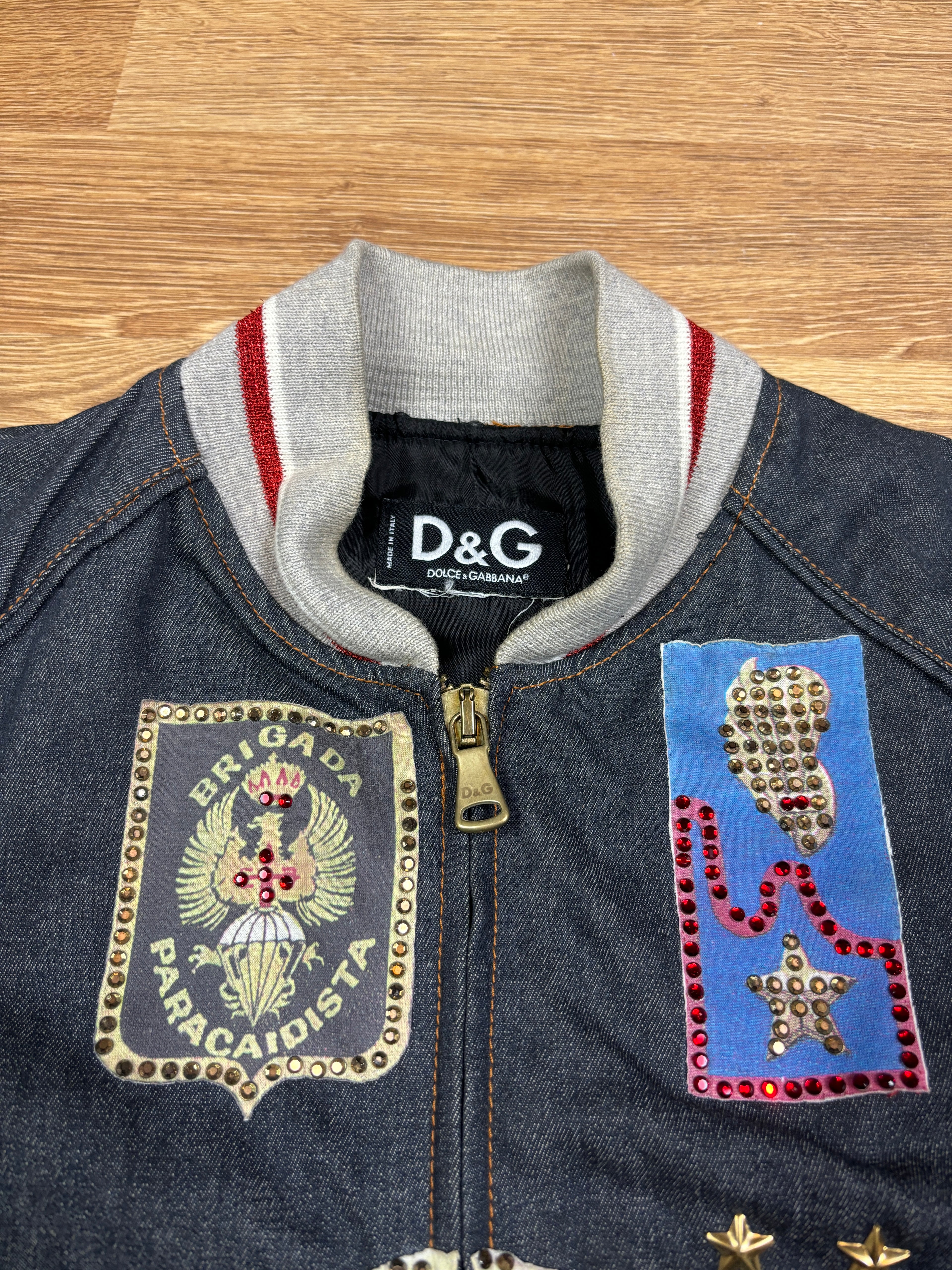 FW2003 Dolce & Gabbana Rhinestone Patchwork Denim Bomber Jacket