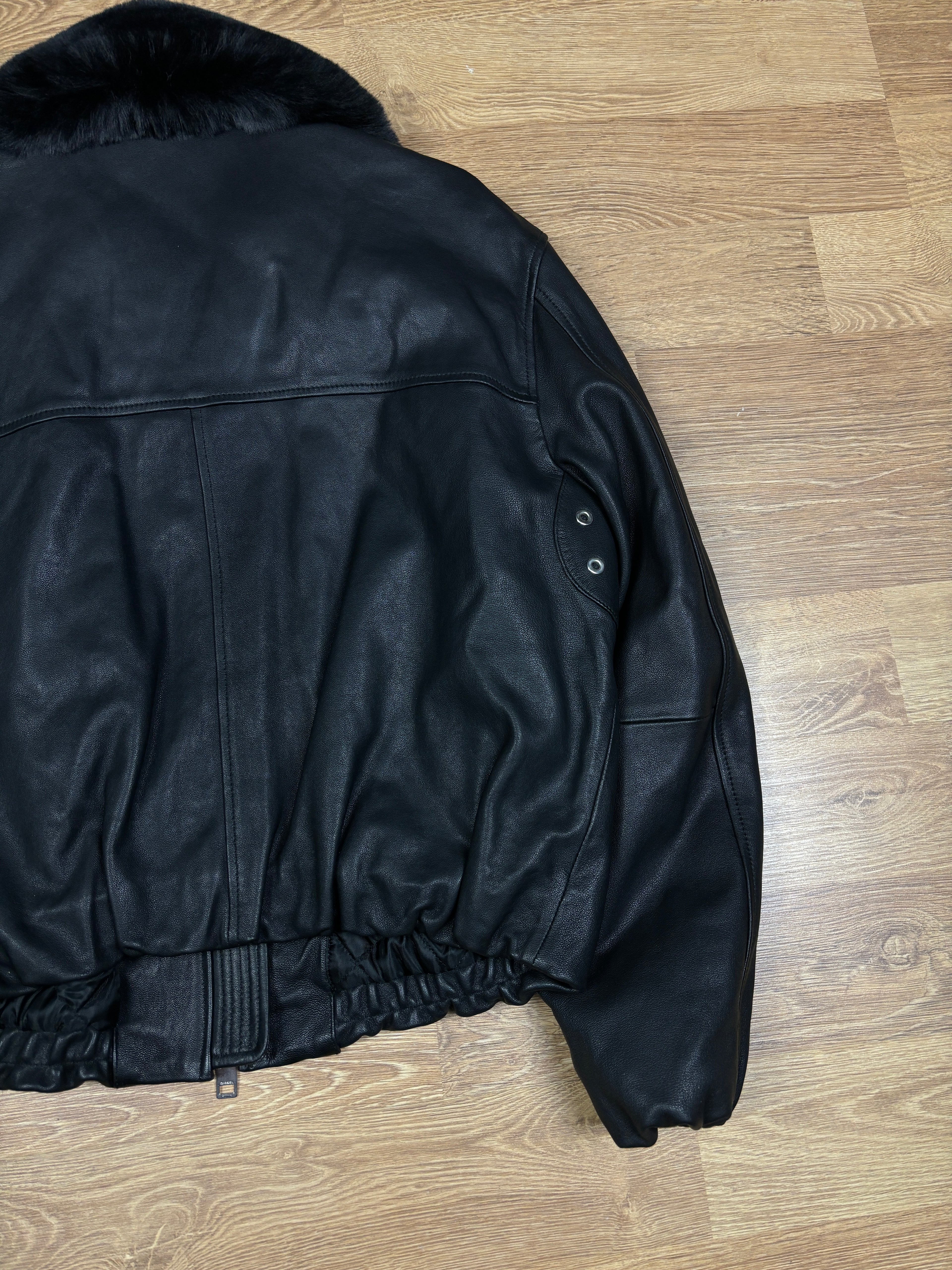 Diesel Black Leather Fur Collar Bomber Jacket