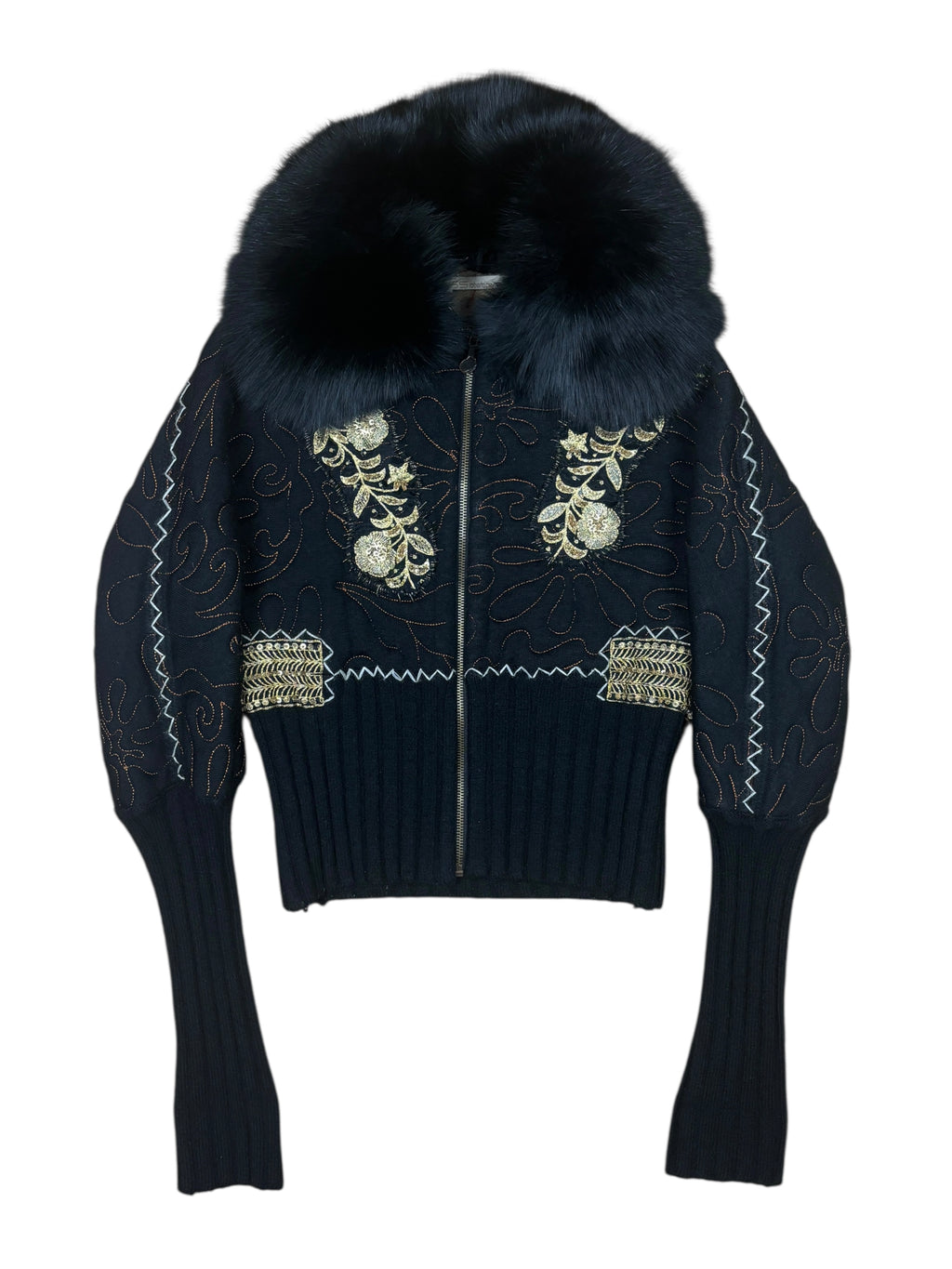 2000s Roberto Cavalli Embroidered Fox Fur Collar Jacket