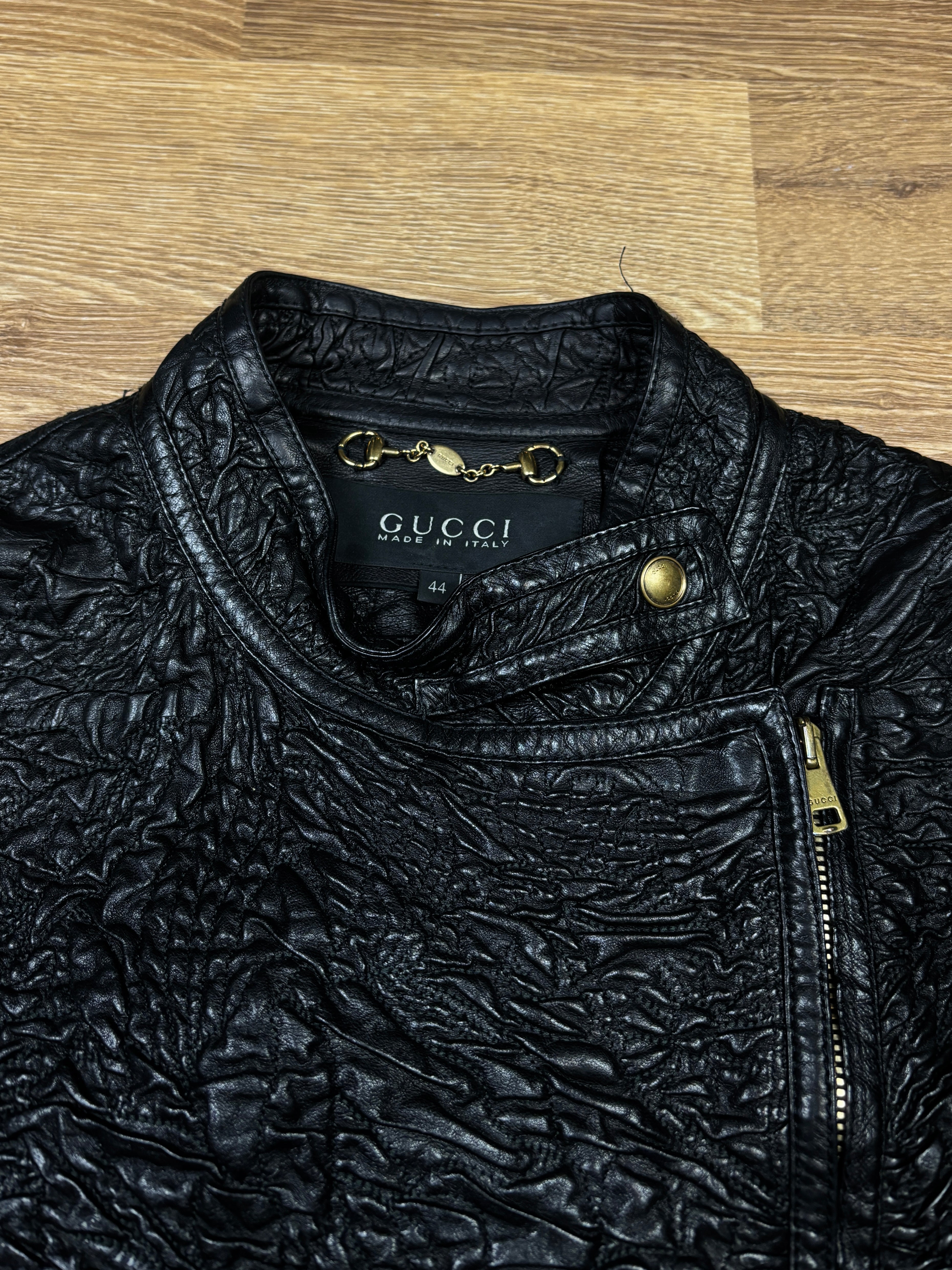 Gucci by Frida Giannini Asymmetrical Wrinkled Stretch Leather Jacket
