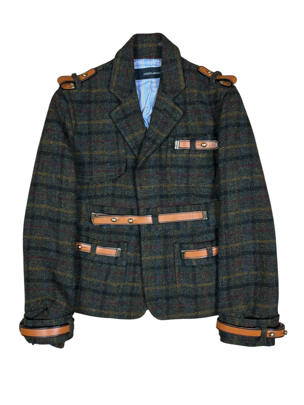 2000s Dsquared2 Plaid Wool Leather Strap Jacket