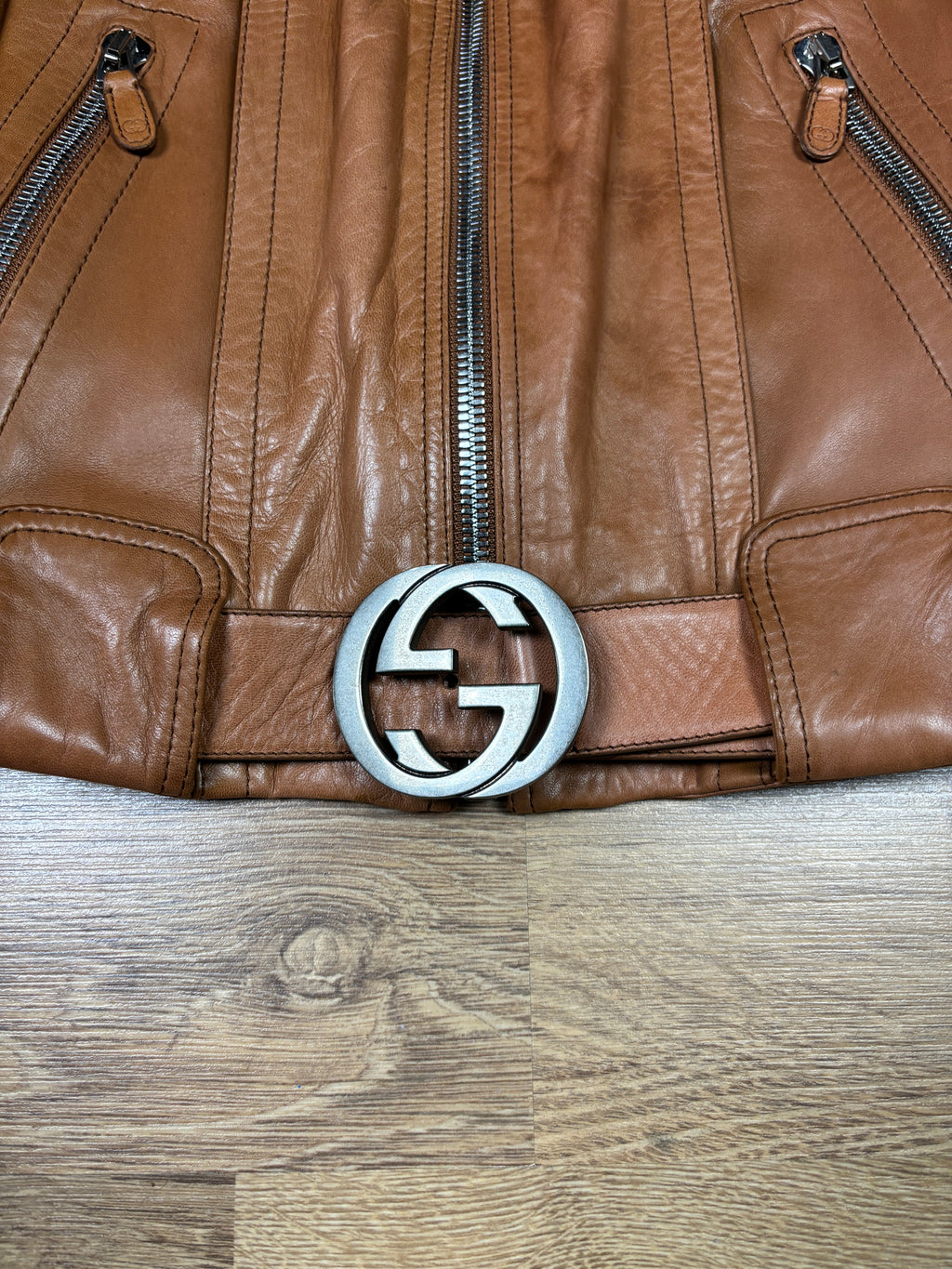 Gucci 2000s Leather Biker Jacket with GG Belt