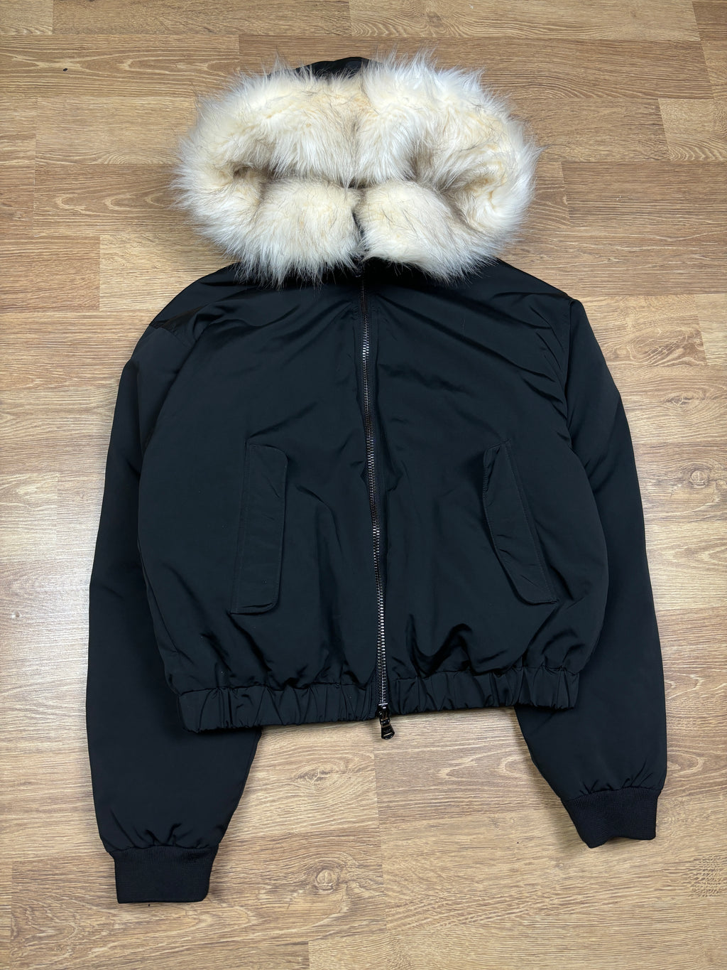2000s Emporio Armani Black Fur Hooded Bomber Jacket