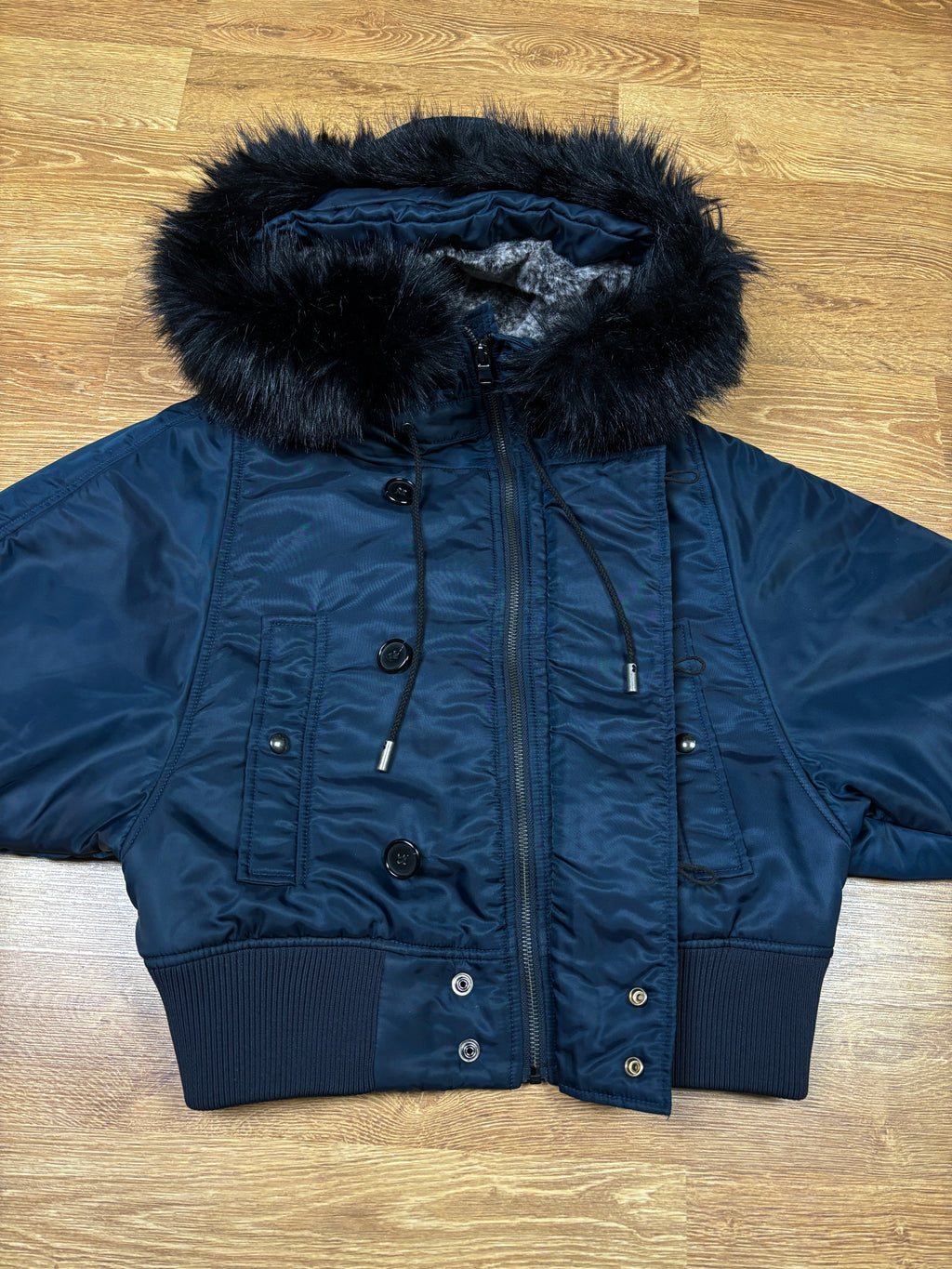 Diesel Black Gold Cropped Fur Hood Bomber Jacket