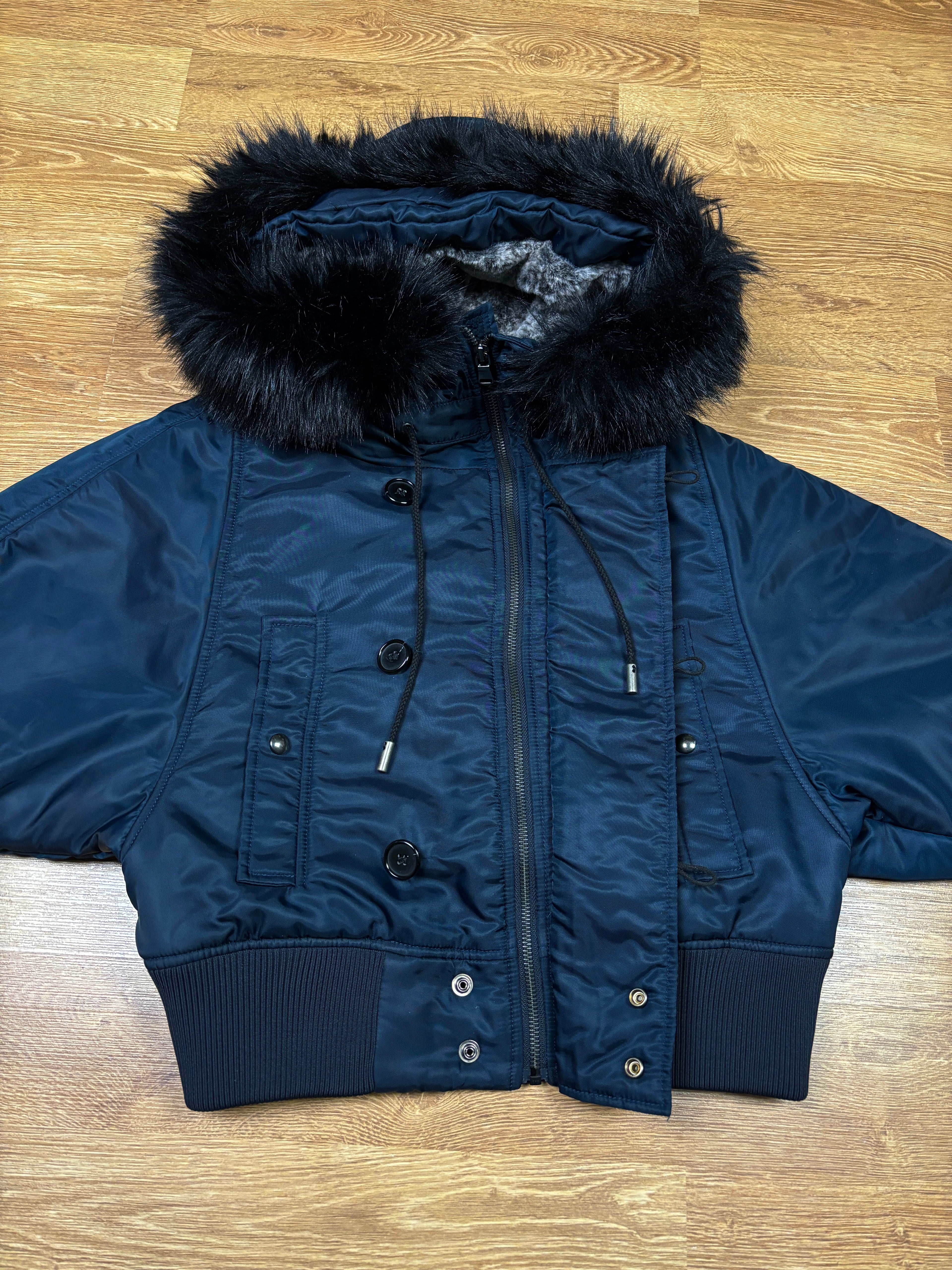 Diesel Black Gold Cropped Fur Hood Bomber Jacket