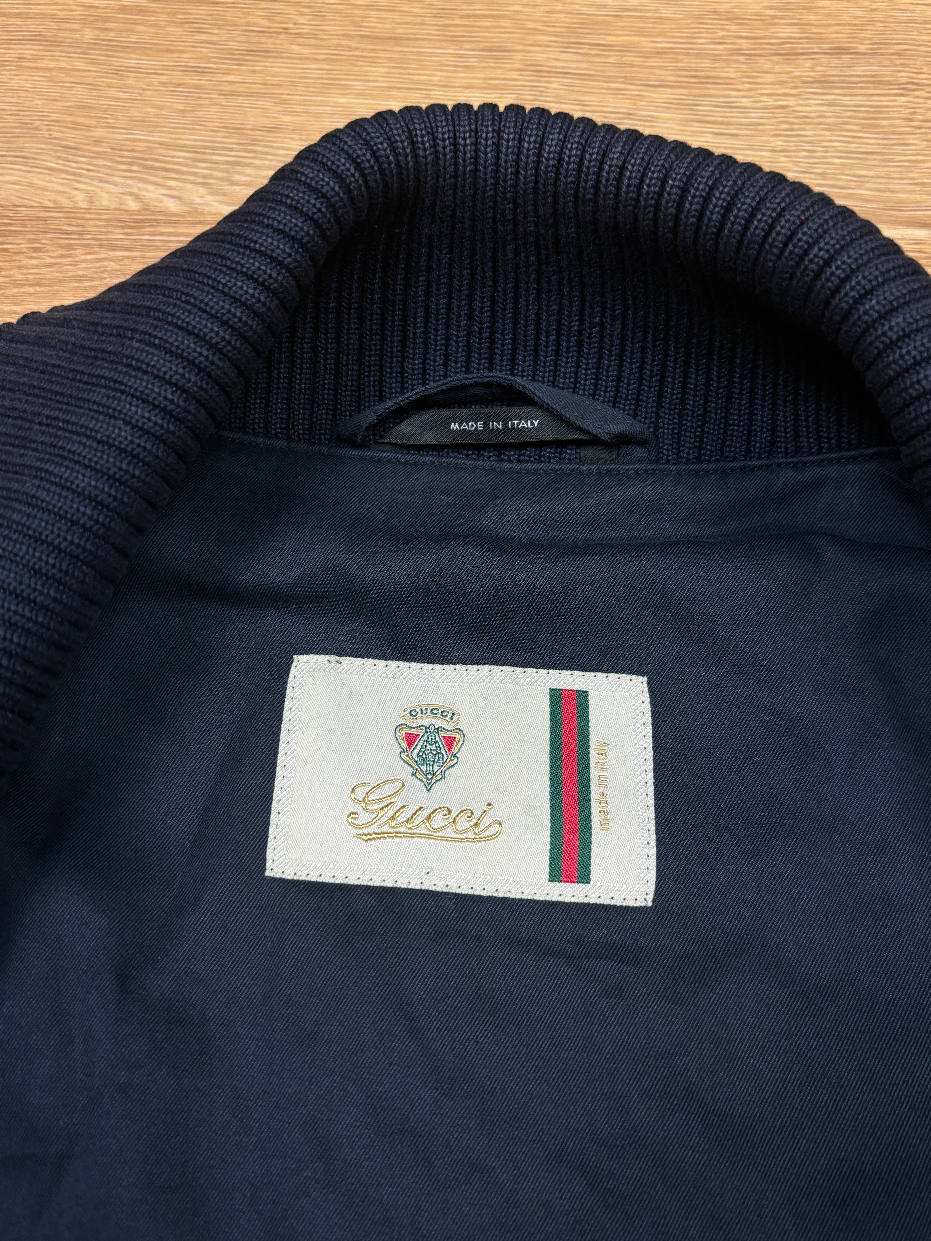Chaqueta Varsity Gucci Algodón Azul Marino y Manga de Cuero SS2010