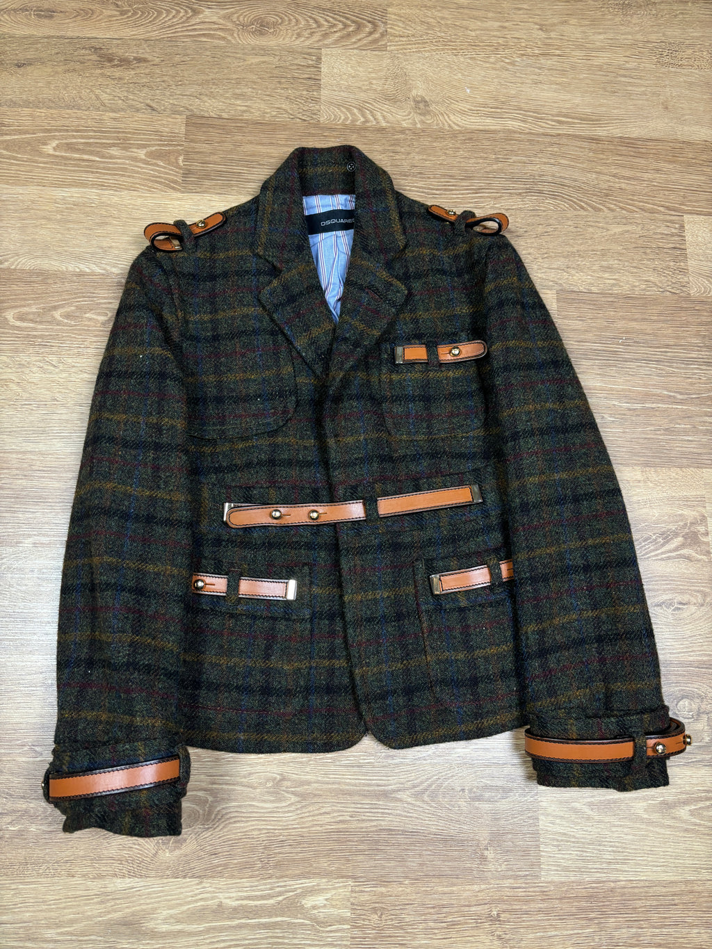 2000s Dsquared2 Plaid Wool Leather Strap Jacket