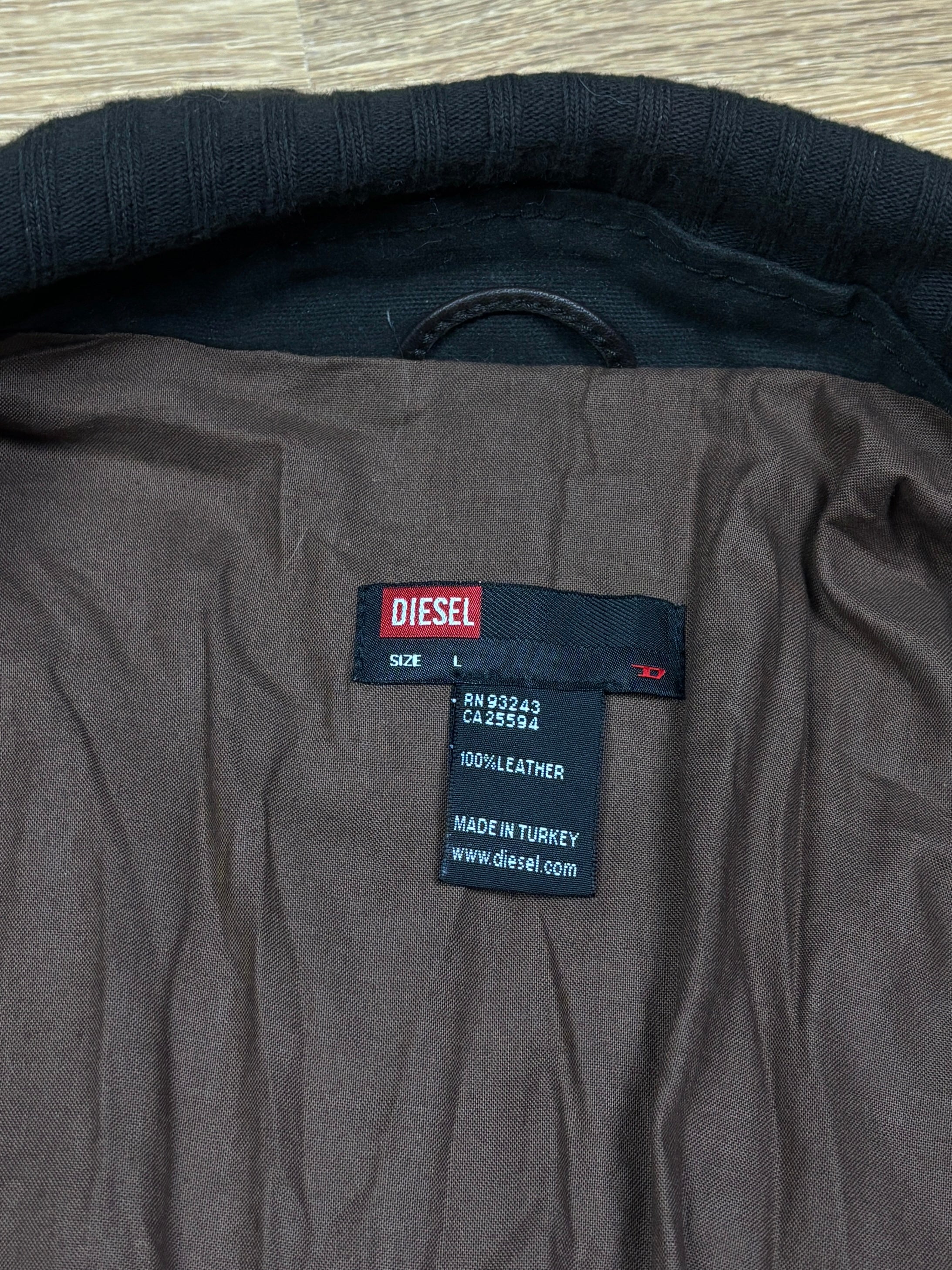 Diesel Brown Leather Puffer Jacket with Ribbed Knit Waist