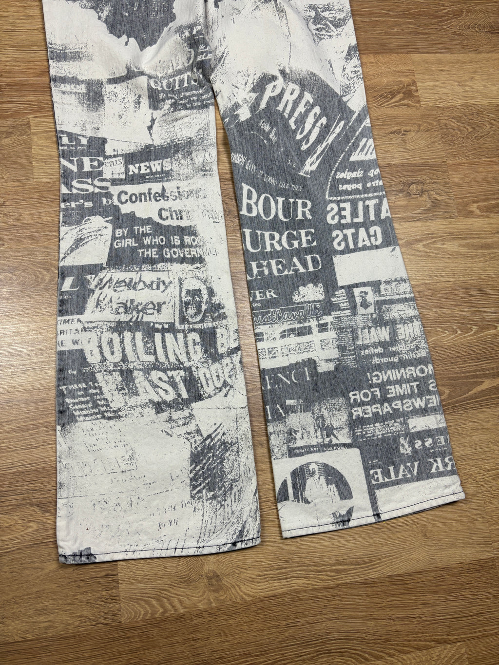 2000s Just Cavalli Newspaper Print Flared Denim Jeans