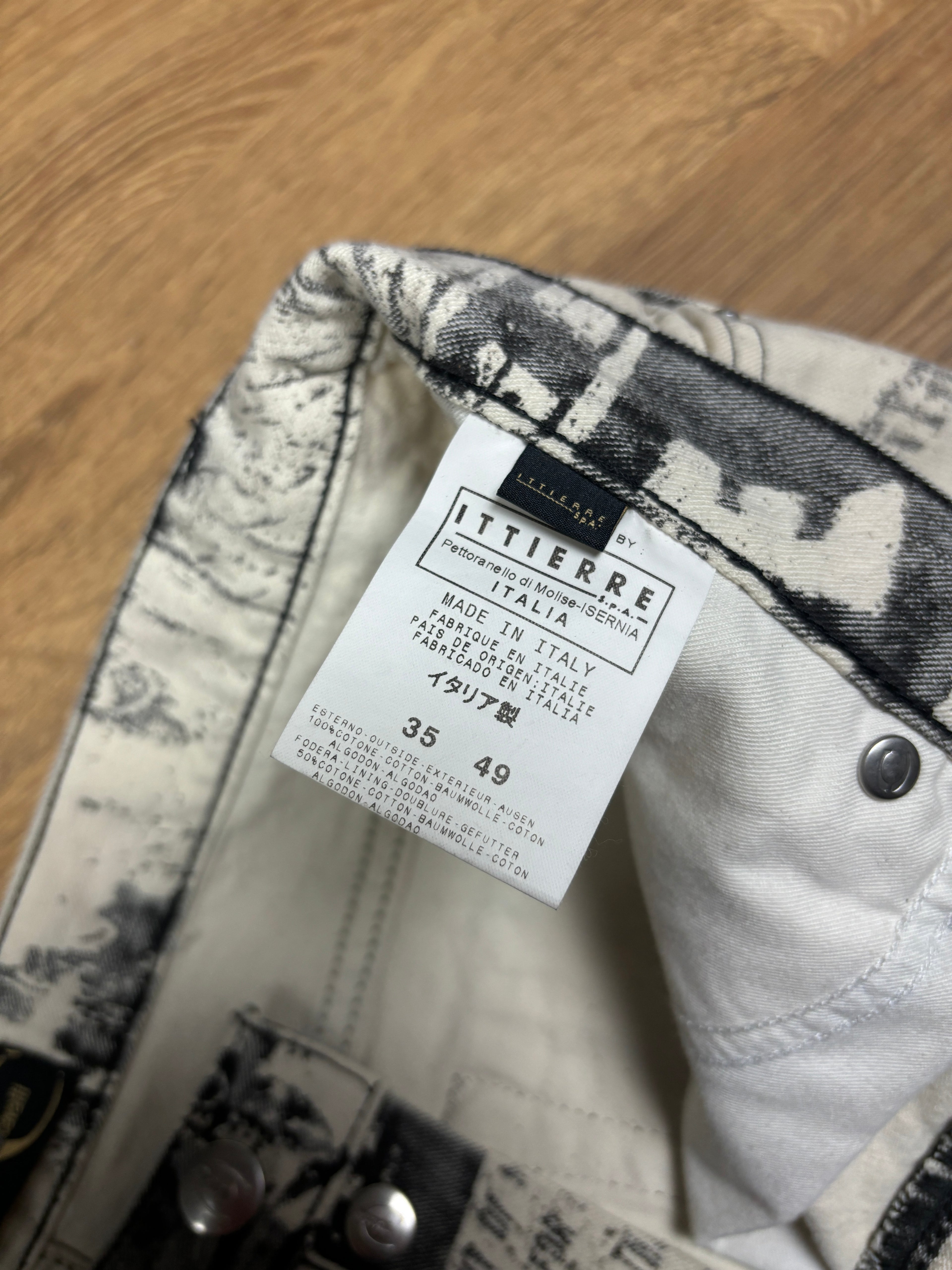 2000s Just Cavalli Newspaper Print Flared Denim Jeans