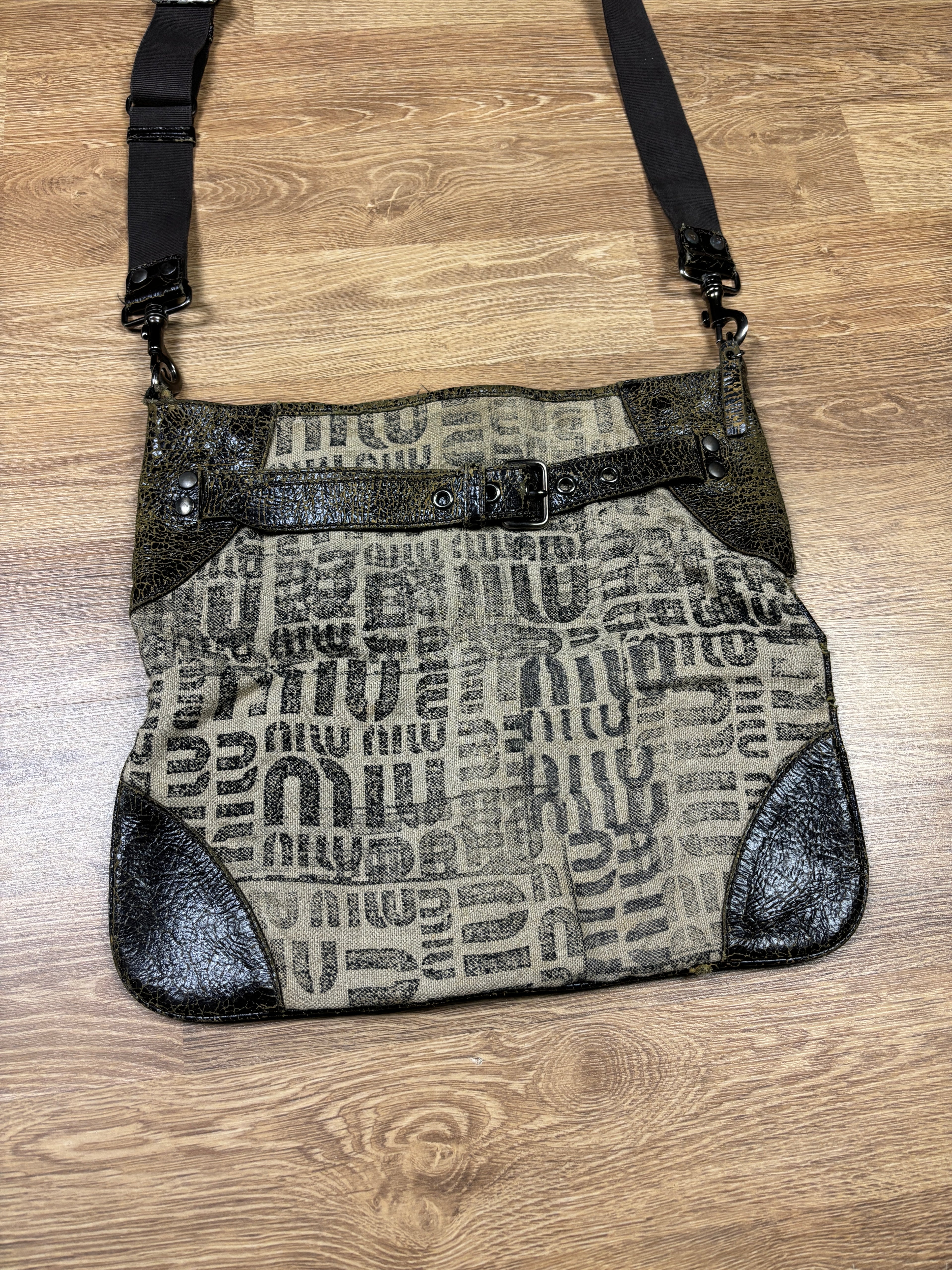 Miu Miu Logo Canvas & Crackled Leather Shoulder Bag