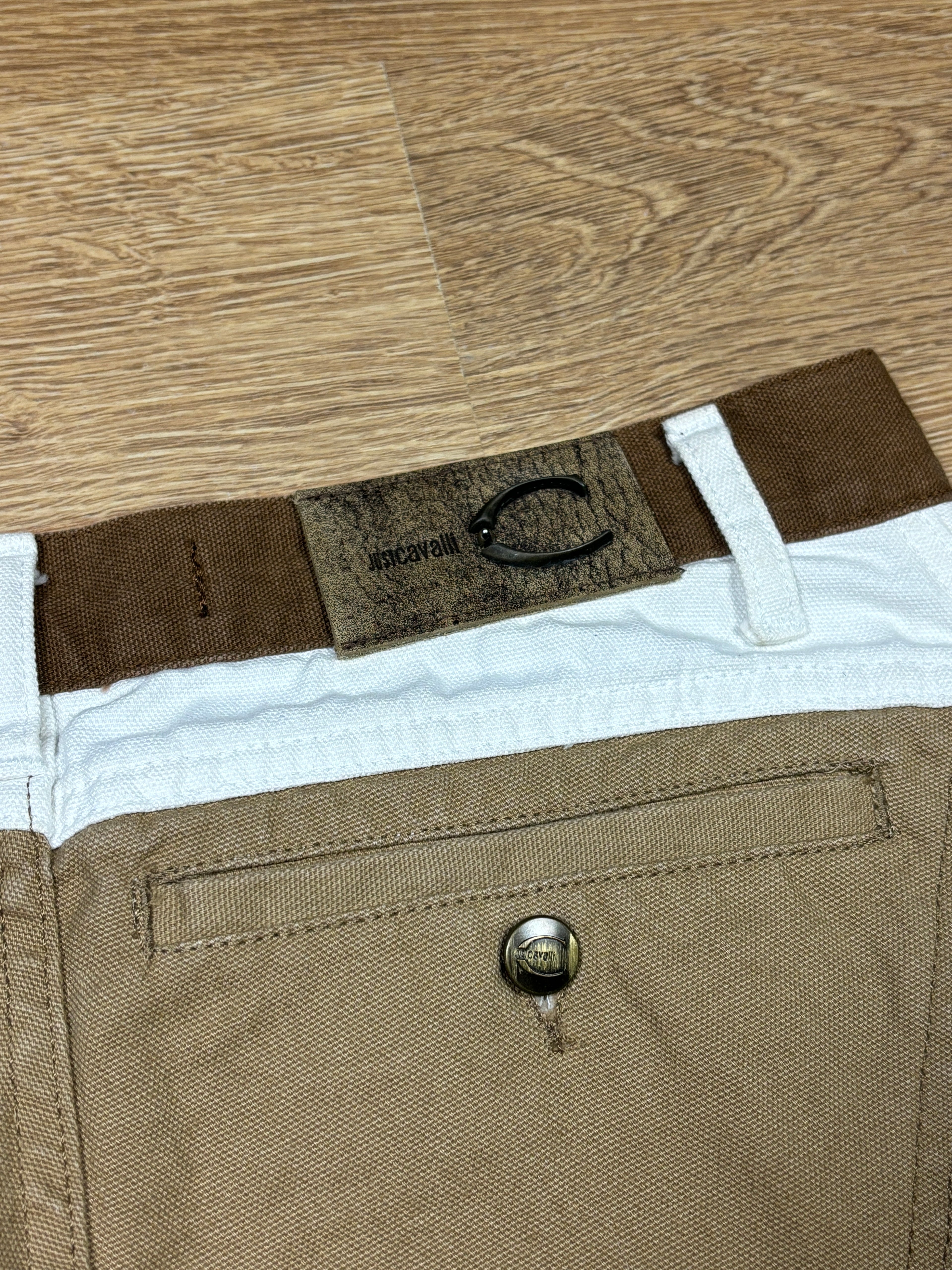 Pantalones acampanados con paneles blancos y marrones Just Cavalli de los 2000