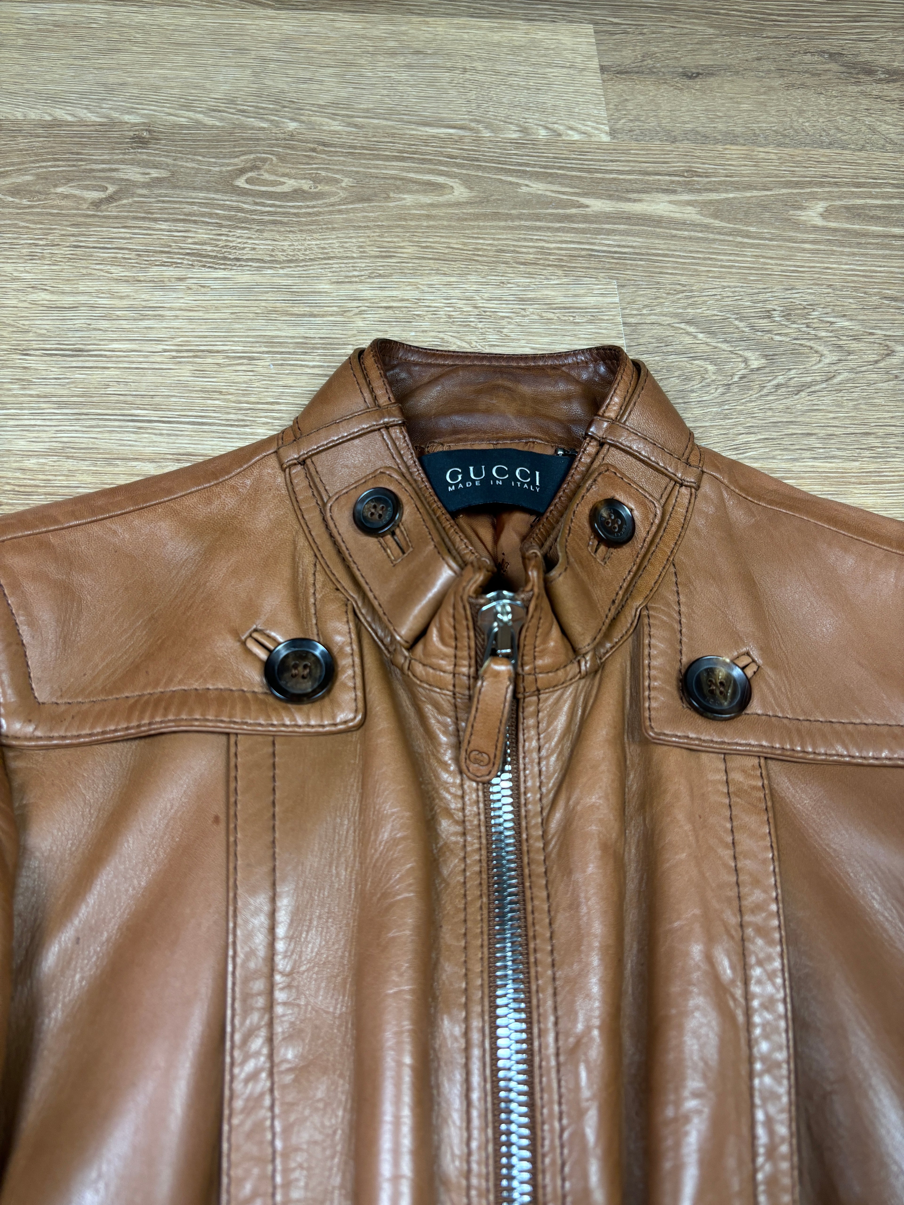 Gucci 2000s Leather Biker Jacket with GG Belt