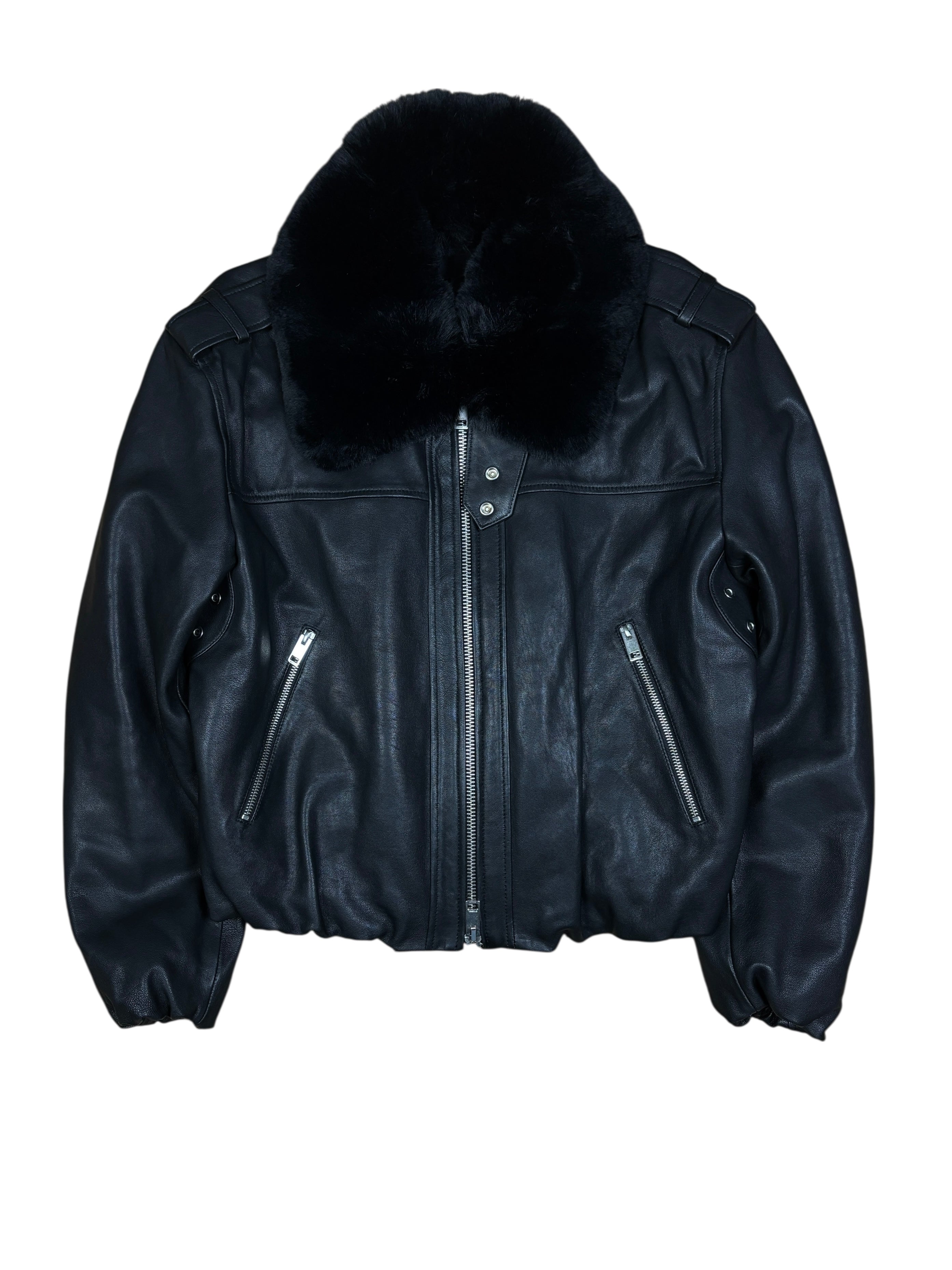 Diesel Black Leather Fur Collar Bomber Jacket