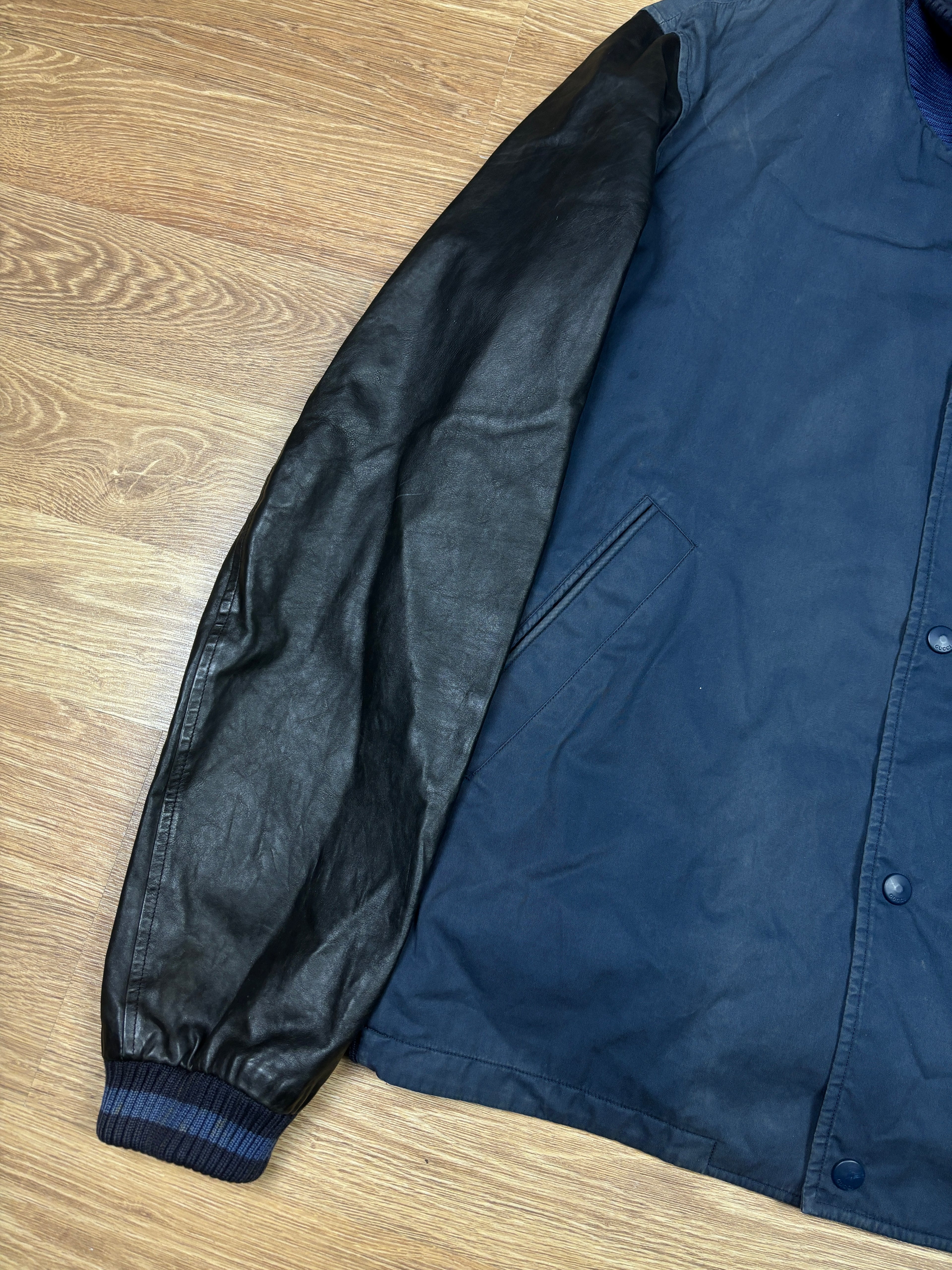 Chaqueta Varsity Gucci Algodón Azul Marino y Manga de Cuero SS2010
