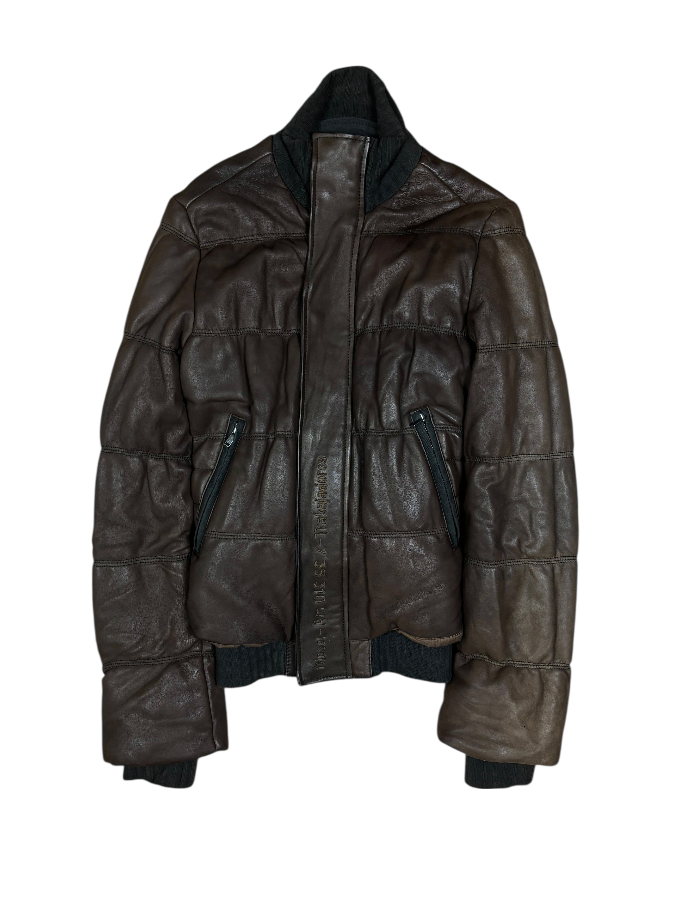 Diesel Brown Leather Puffer Jacket with Ribbed Knit Waist