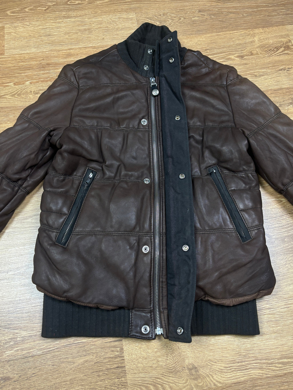 Diesel Brown Leather Puffer Jacket with Ribbed Knit Waist