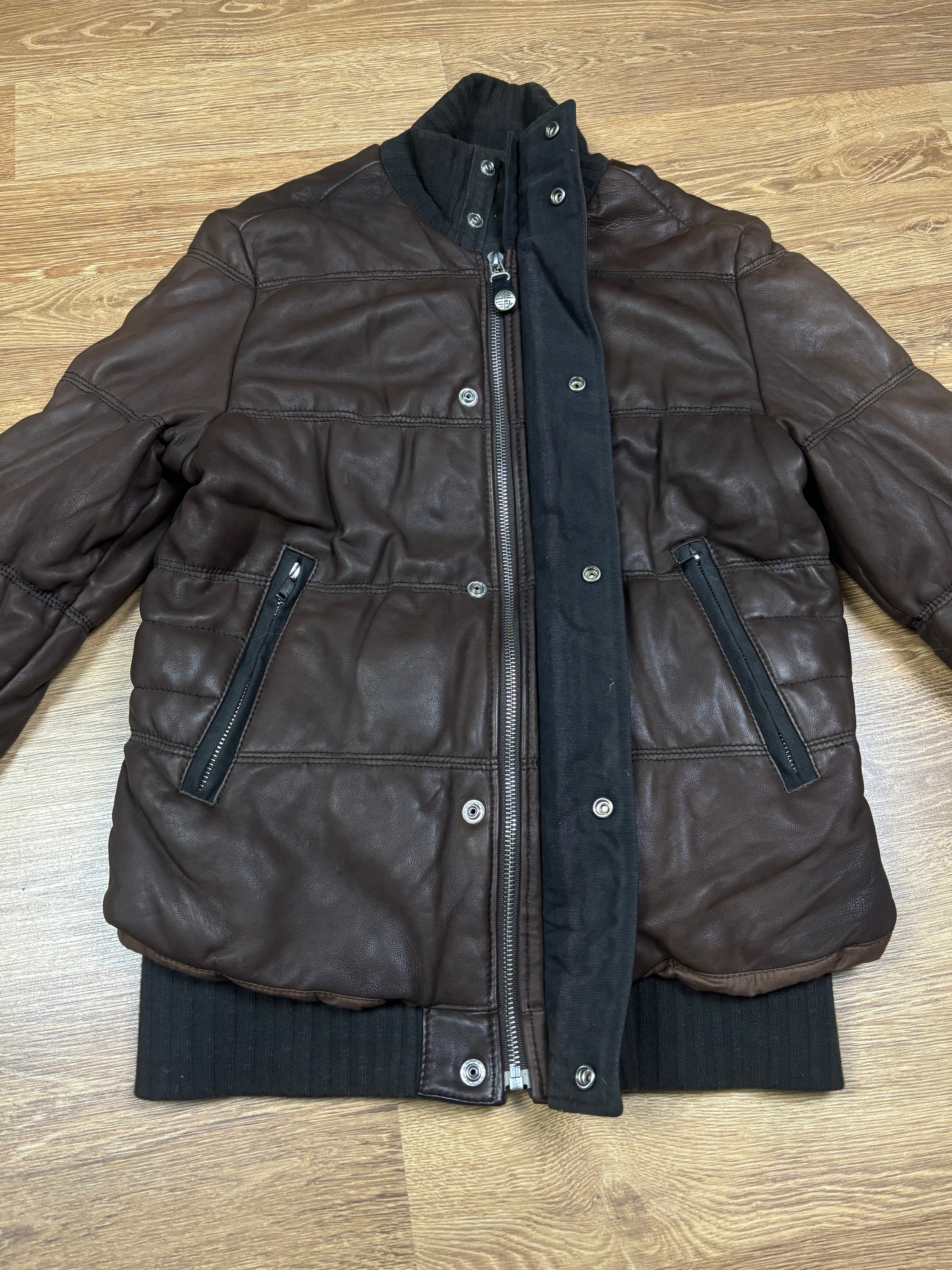 Diesel Brown Leather Puffer Jacket with Ribbed Knit Waist