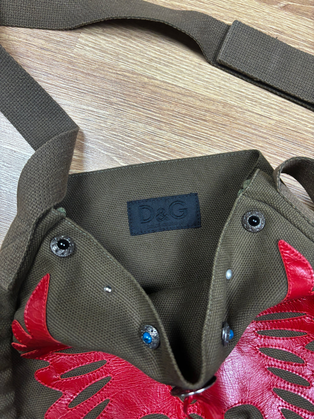 Dolce & Gabbana Canvas Shoulder Bag with Red Leather Phoenix