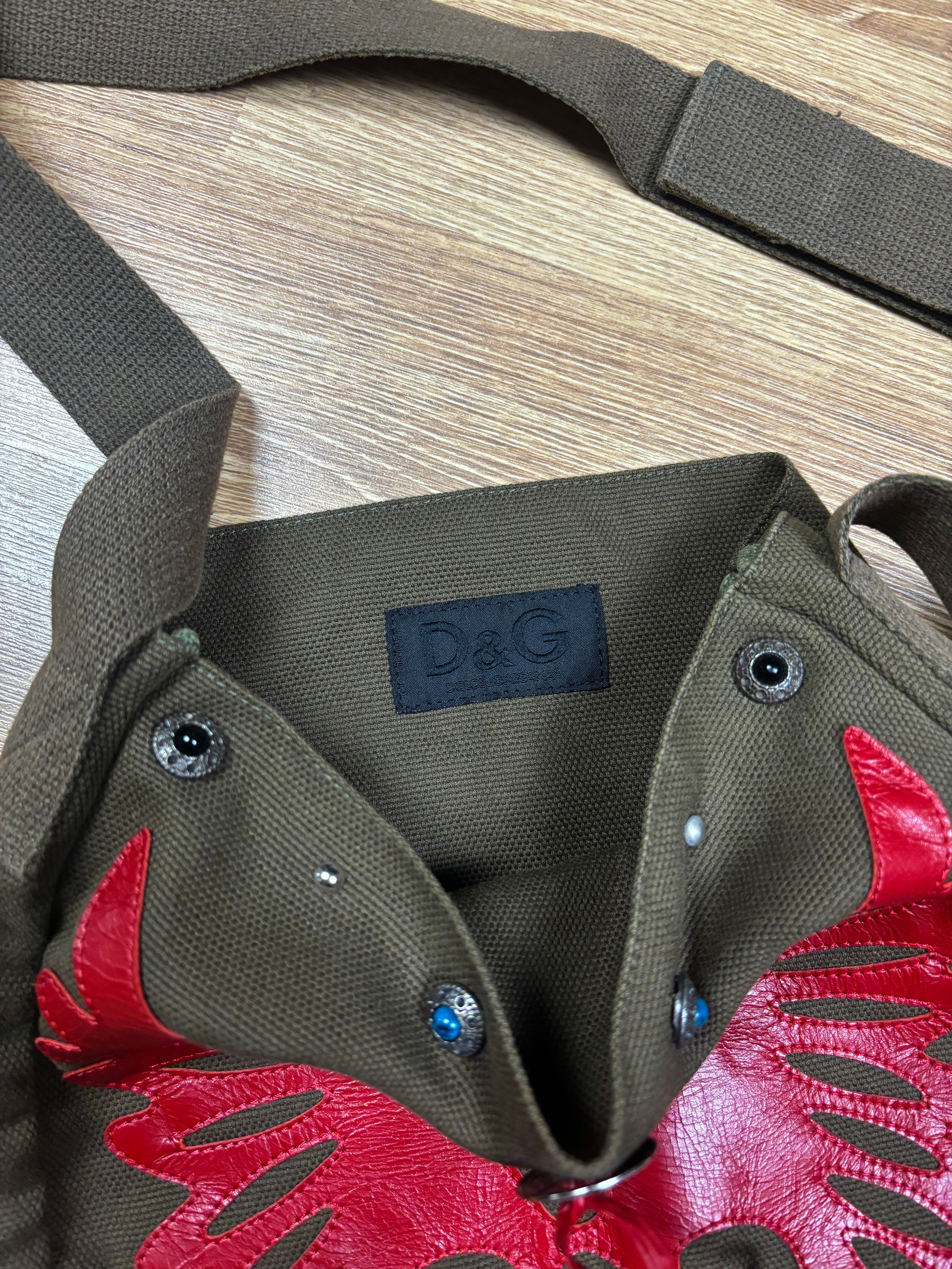 Dolce & Gabbana Canvas Shoulder Bag with Red Leather Phoenix