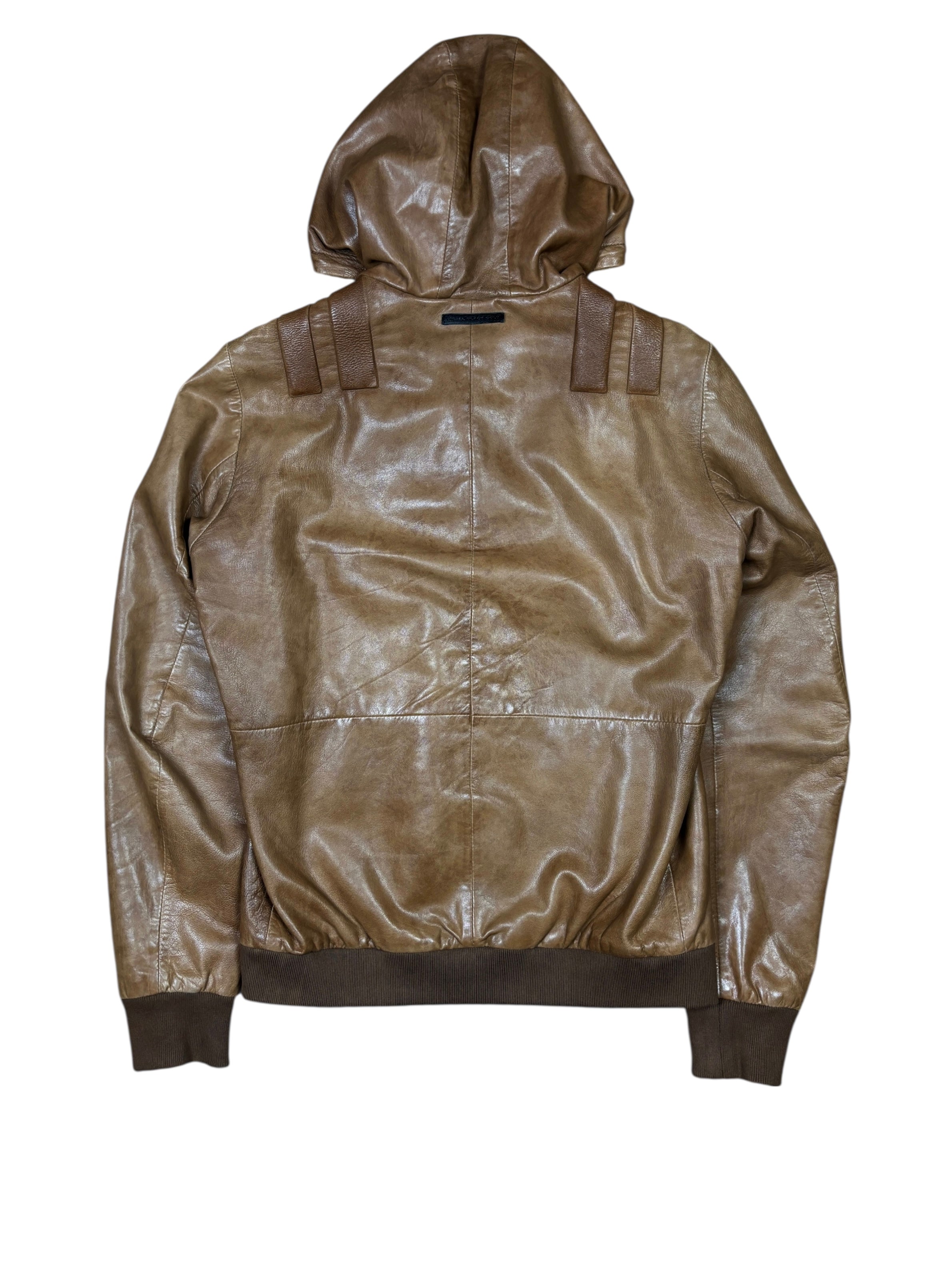 Chaqueta de cuero con capucha Diesel Black Gold y parches de estrellas marrones