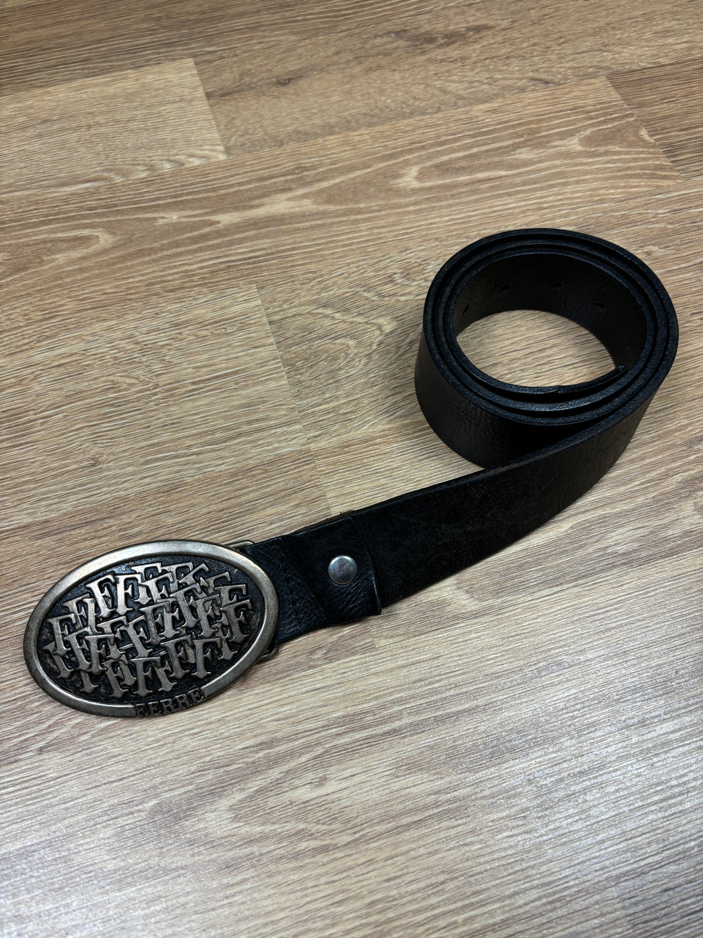 2000s Gianfranco Ferré Black Leather Monogram Buckle Belt