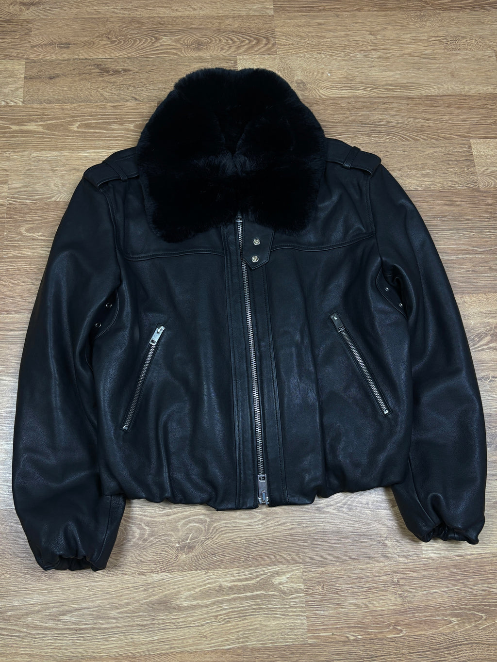 Chaqueta bomber de cuero negro con cuello de piel Diesel