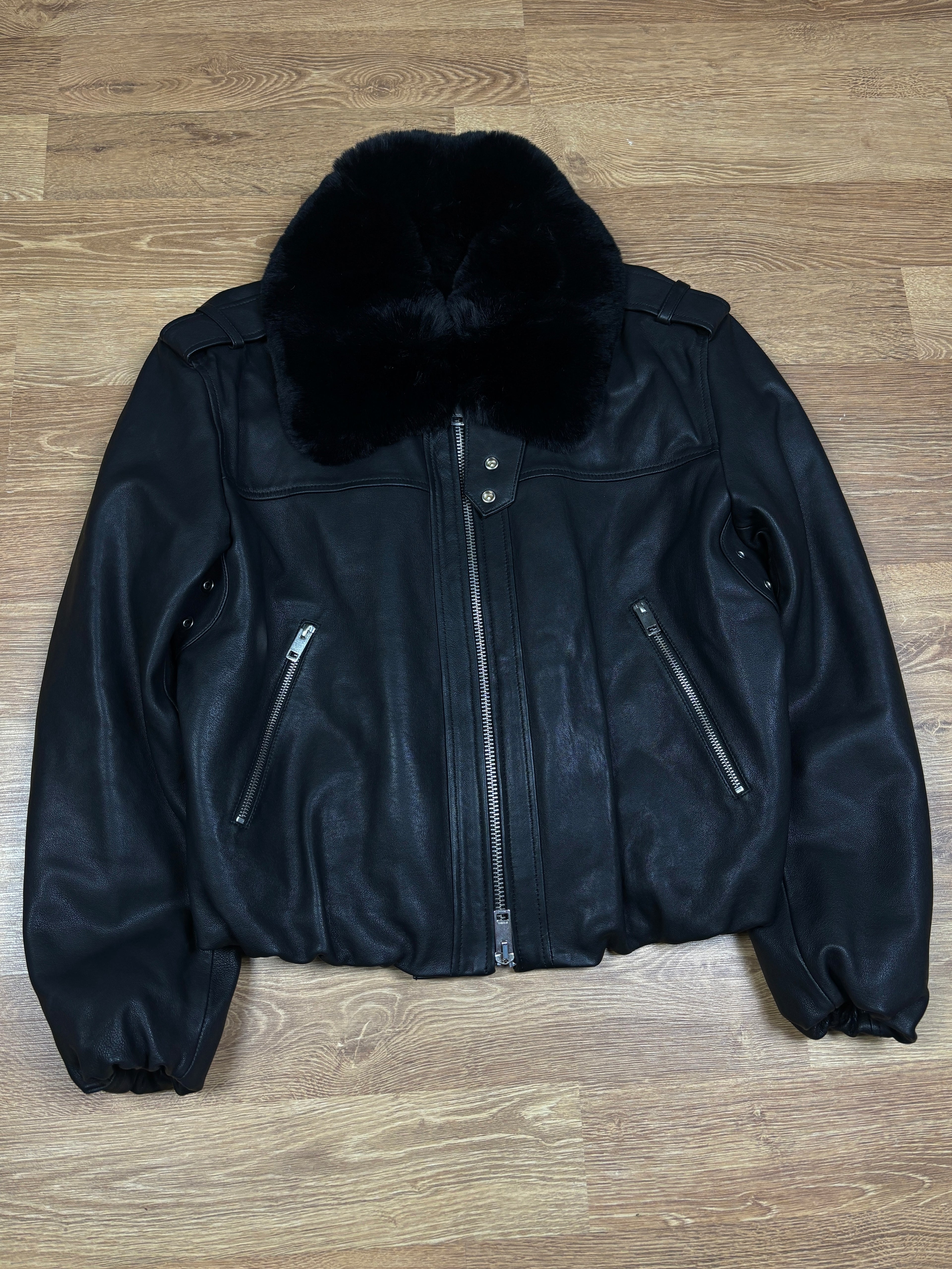 Diesel Black Leather Fur Collar Bomber Jacket