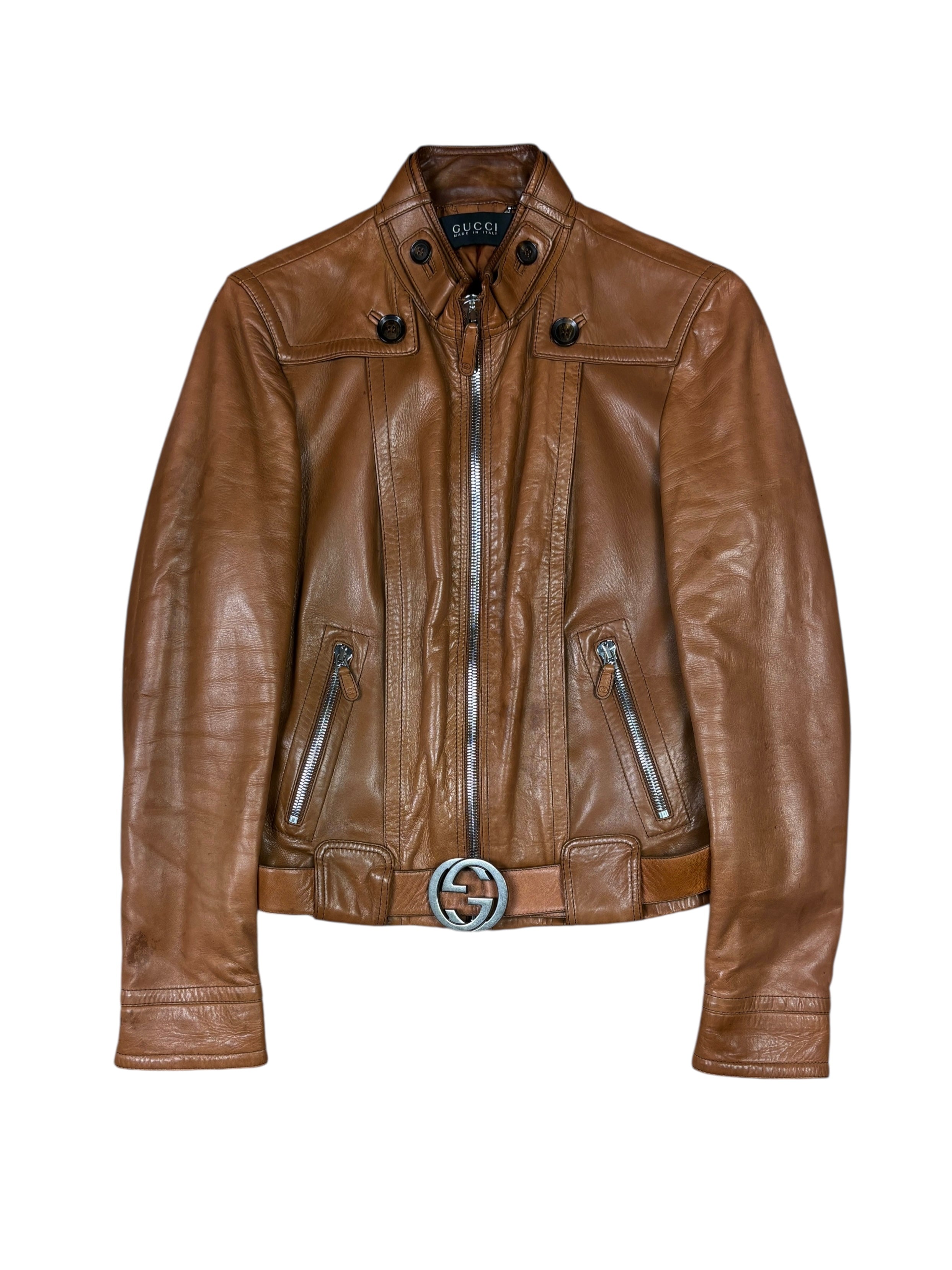 Gucci 2000s Leather Biker Jacket with GG Belt
