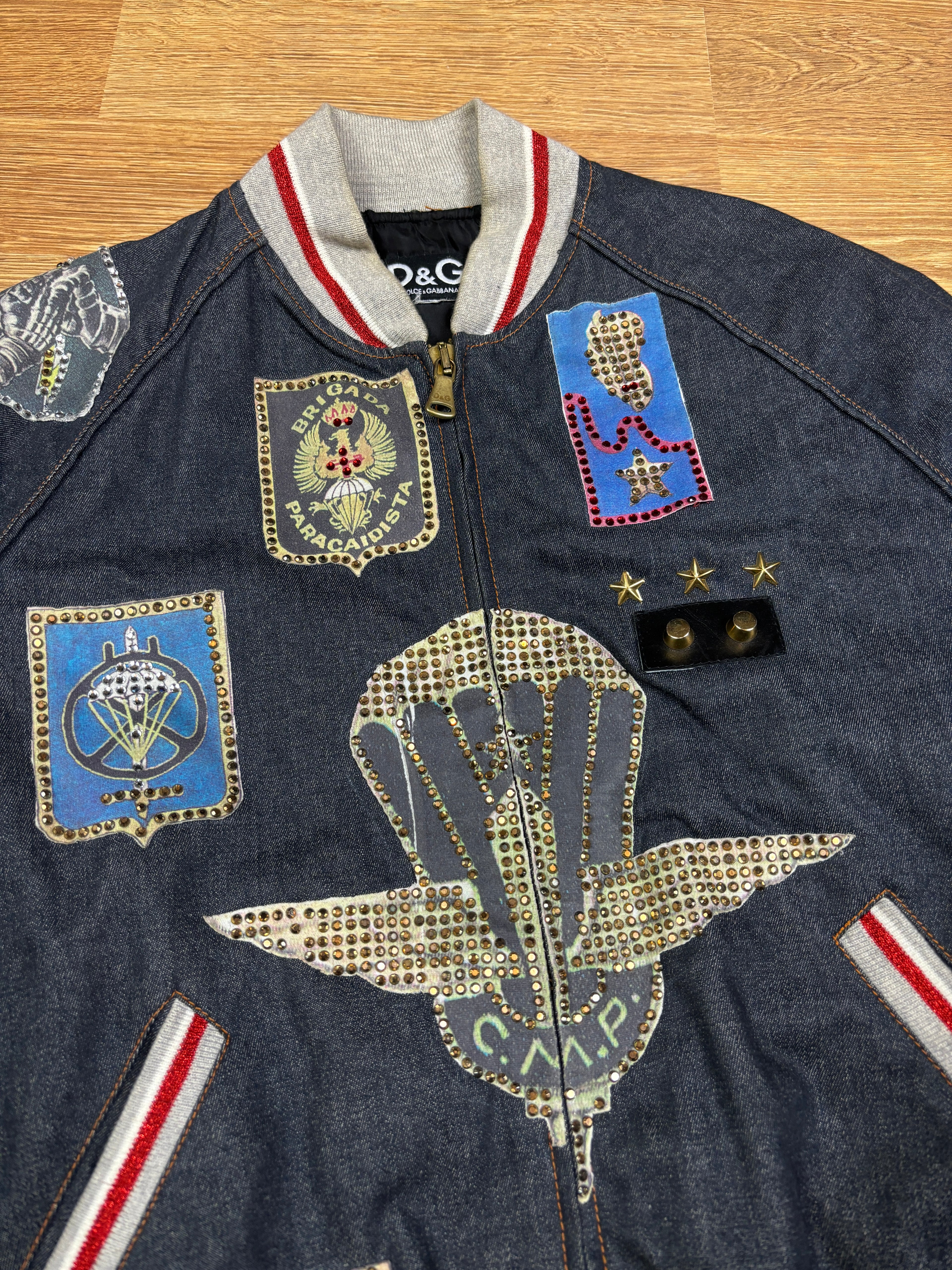 FW2003 Dolce & Gabbana Rhinestone Patchwork Denim Bomber Jacket
