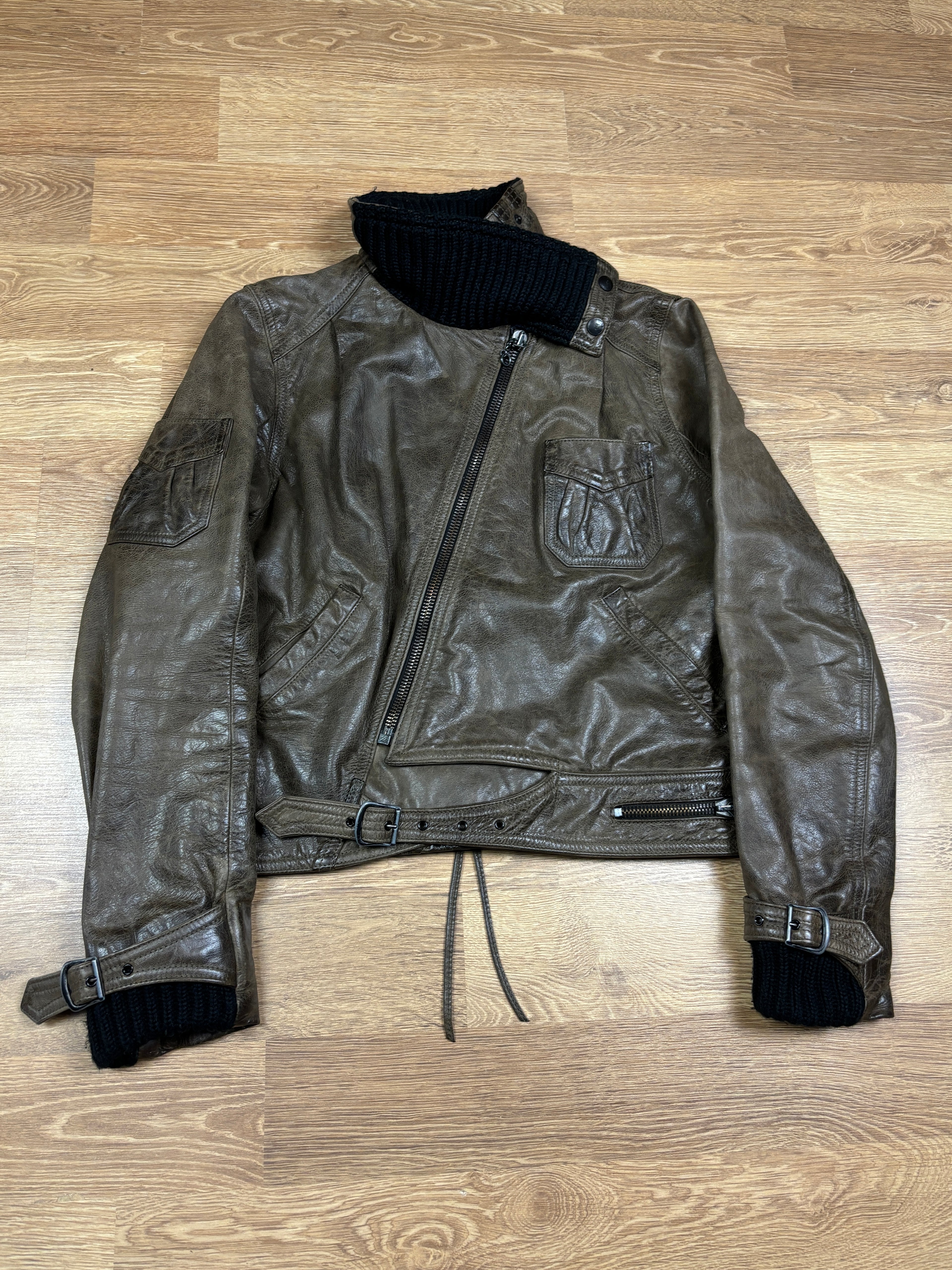 Diesel Stylelab Brown Leather Cropped Biker Jacket