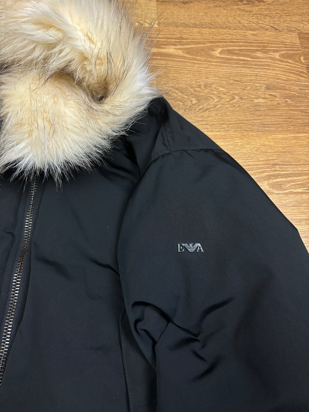 2000s Emporio Armani Black Fur Hooded Bomber Jacket
